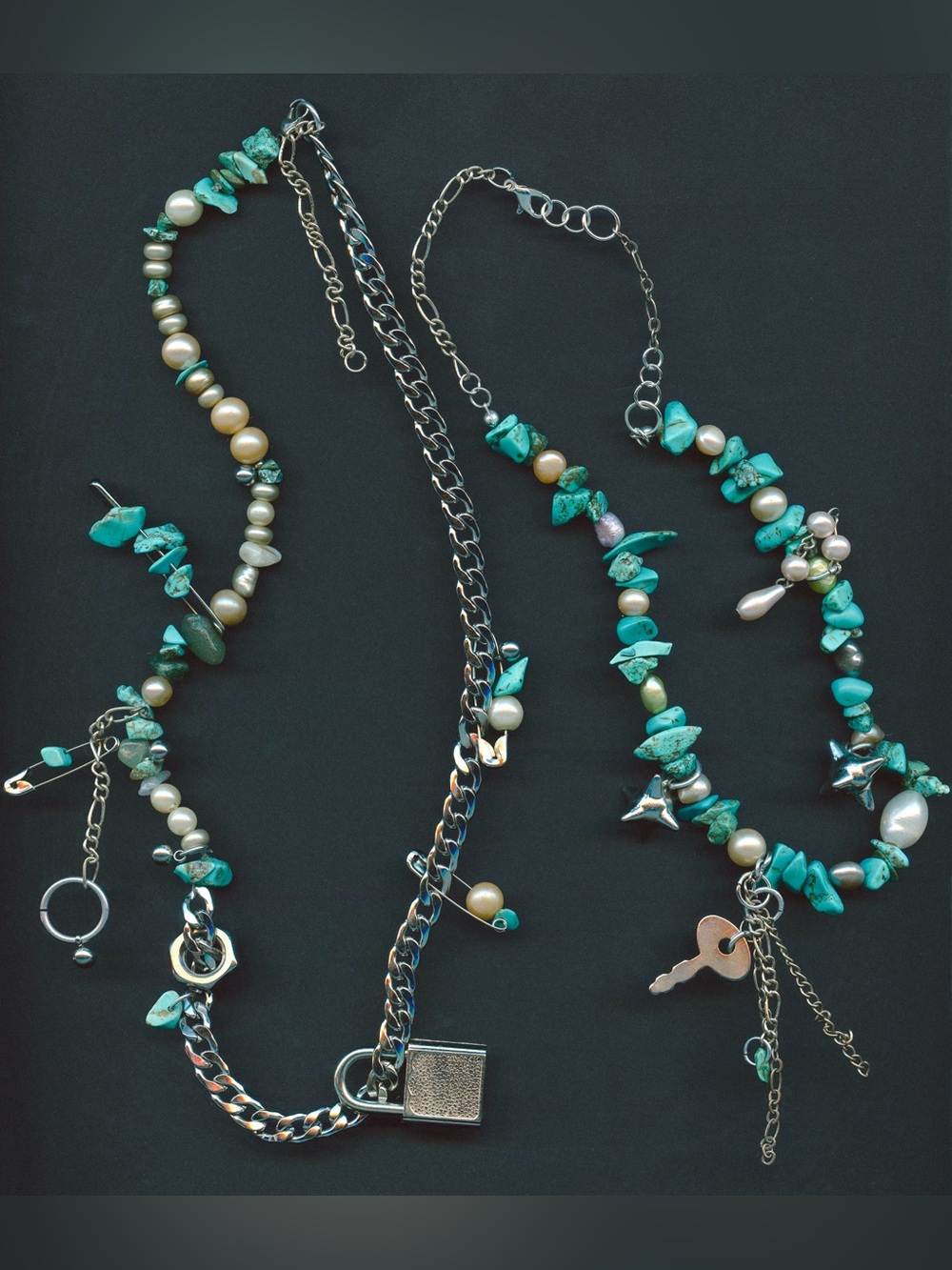 Turquoise Pearl Charm key & lock Necklace Set